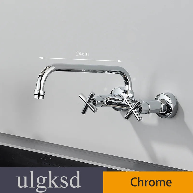 Chrome Wall Mounted Bathroom Kitchen Faucet Dual Handle Hot and Cold Water Tap Sink Mixer Tap 360 Swivel Long Spout Kitchen  