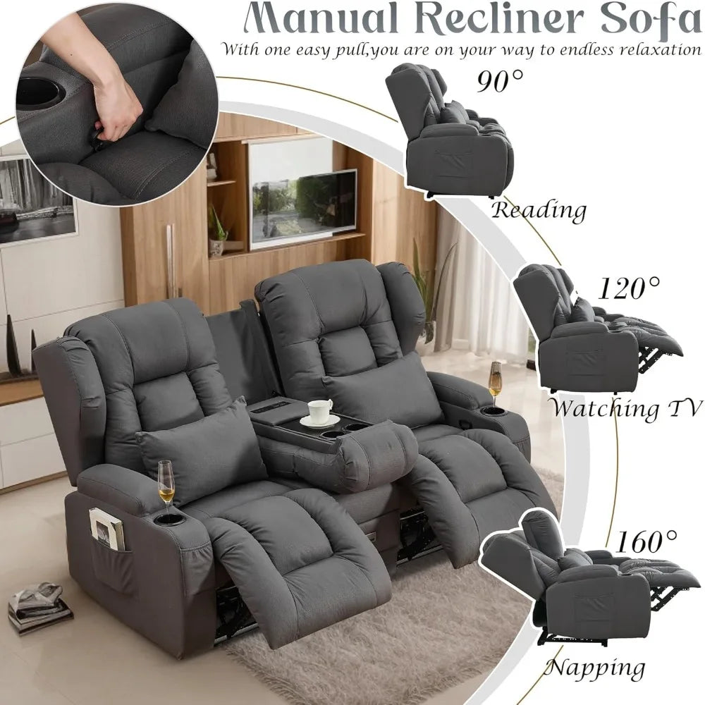 Loveseat Recliner Sofa - Flipped Backrest Console, Cup Holders, Side Pockets, Pillows, Drawers, Outlets