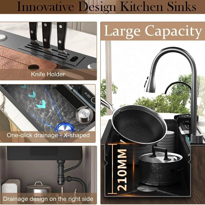 Nano Stainless Steel Kitchen Sink Matte Square Kitchen Accessories High-Quality Large Single Bowl Wash Basin Kitchen Faucets