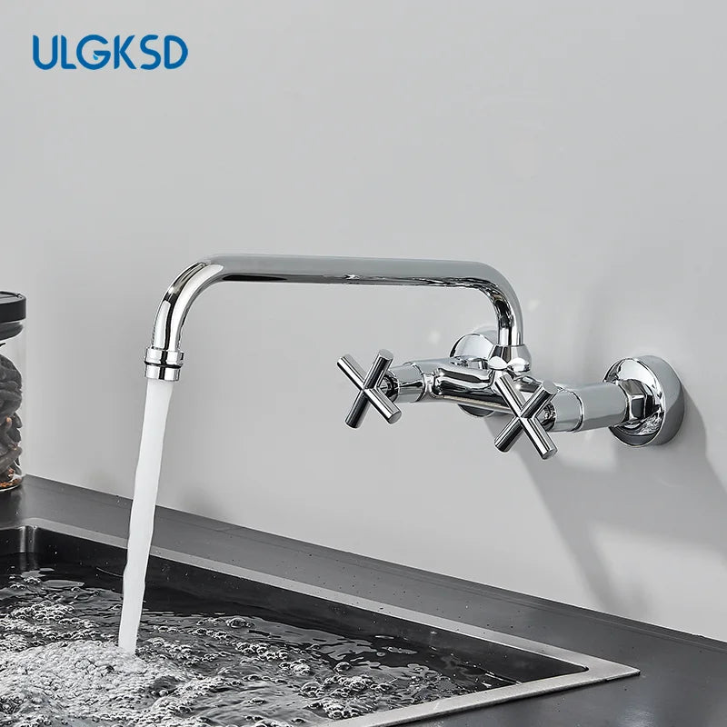 Chrome Wall Mounted Bathroom Kitchen Faucet Dual Handle Hot and Cold Water Tap Sink Mixer Tap 360 Swivel Long Spout Kitchen  