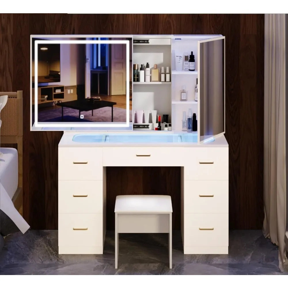 Vanity Desk with Lighted Mirror and Charging Station&Glass Tabletop, Sliding Mirror Makeup Vanity Table, Dressing Table