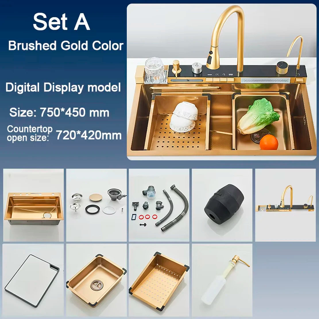 Stainless Steel Kitchen Waterfall Sink Digital Display Large Single Sink Dish Basin Sink Purification water Cup Washer Crane