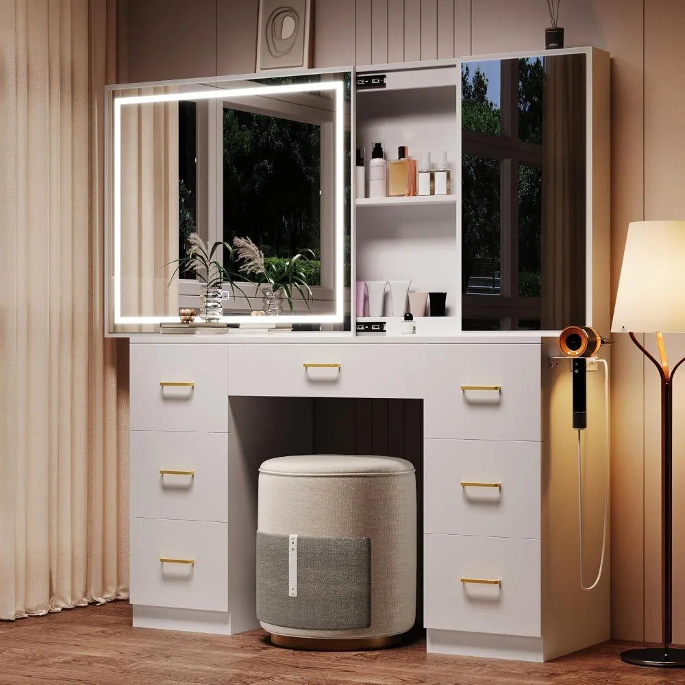 Vanity Desk with Lighted Mirror and Charging Station&Glass Tabletop, Sliding Mirror Makeup Vanity Table, Dressing Table