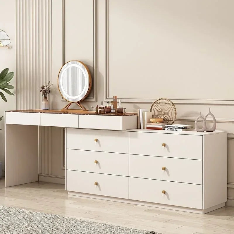 Modern Vanity Desk with LED Lighted Mirror, Luxury Corner Makeup Vanity Table 6 Drawers and Large Storage Dressing Table Shelves