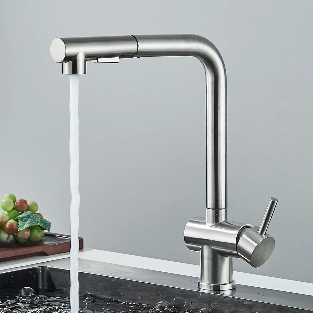 Pull Out Kitchen Sink Faucet High Pressure Two Model Stream Sprayer Nozzle Stainless Steel Tap Deck Install Hot and Cold Water