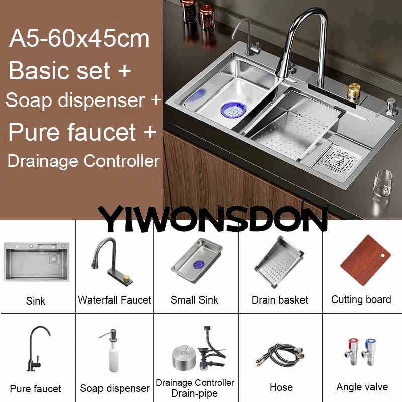 Multifunction Brushed Nano Kitchen Sink Waterfall Faucet Large Single Bowl Cup Washer Pure Tap Soap Dispenser Stainless Steel