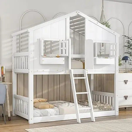 Harper & Bright Designs House Bunk Bed Twin Over Twin Kids Bunk Bed Wood Frame with Roof, Window, Window Box, Door, Safety Guard