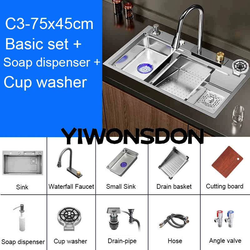 Multifunction Brushed Nano Kitchen Sink Waterfall Faucet Large Single Bowl Cup Washer Pure Tap Soap Dispenser Stainless Steel