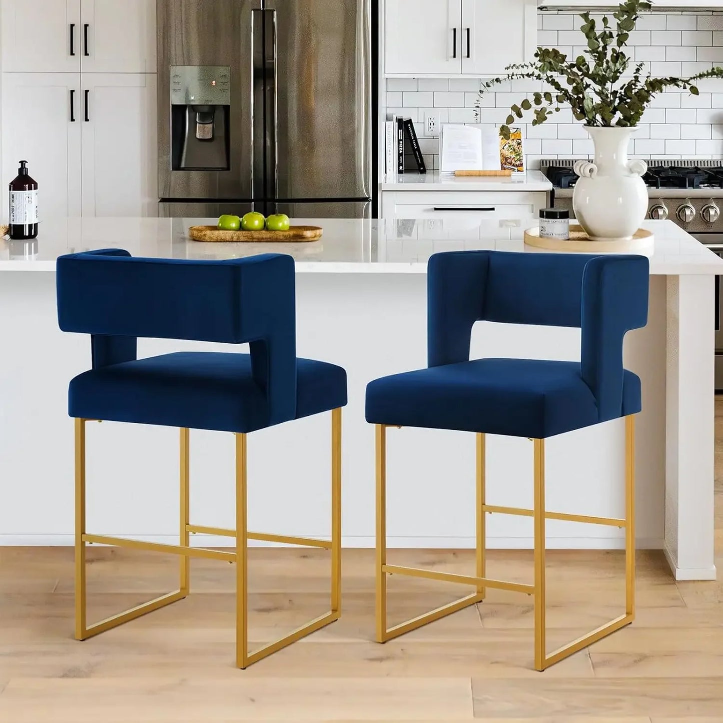 26" H Counter Height Bar Stools Set of 4, Modern Velvet Bar Stools with Square Open Backrest and Gold Metal Frame