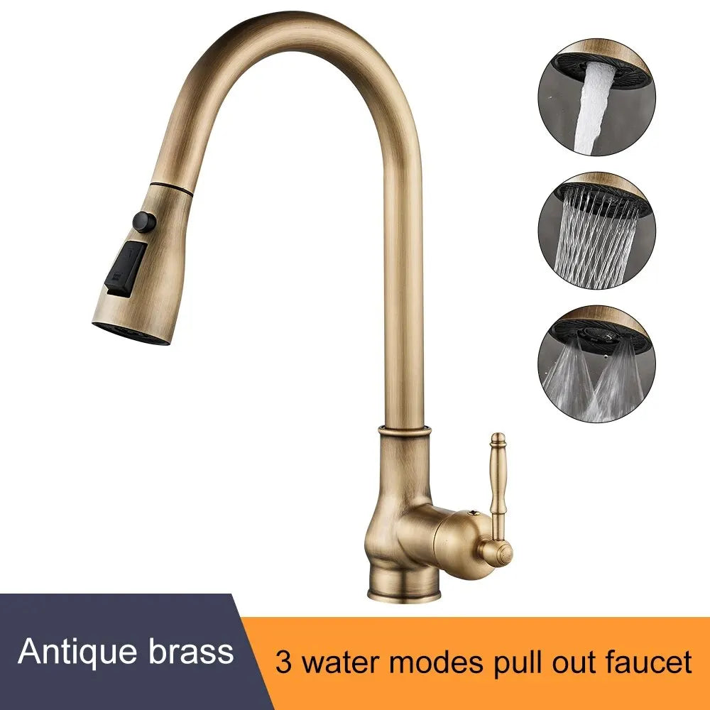 Kitchen Faucets Pull Out Antique Bronze Kitchen Sink Water Mixer Tap Crane Faucet Hot Cold with Sprayer EL9021