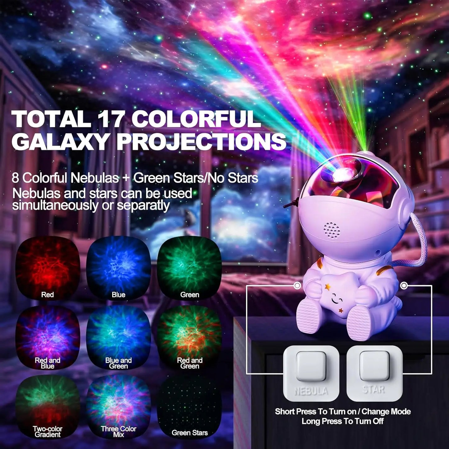 Astronaut Galaxy Star Projector Starry Night Light - Starry Nebula Ceiling Projection Lamp with 8 Modes, Remote 360° Adjustable
