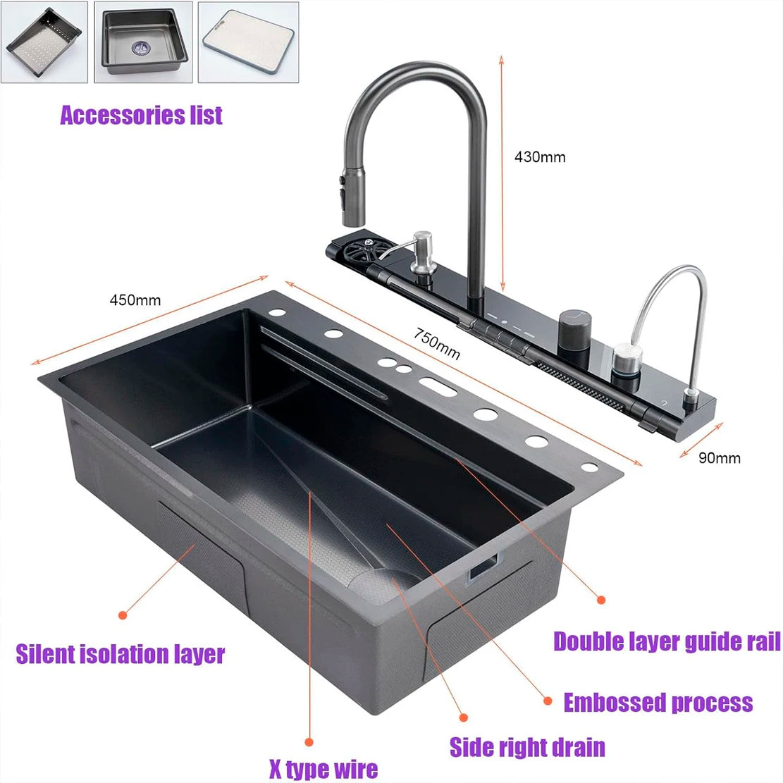 Stainless Steel Kitchen Waterfall Sink Digital Display Large Single Sink Dish Basin Sink Purification water Cup Washer Crane