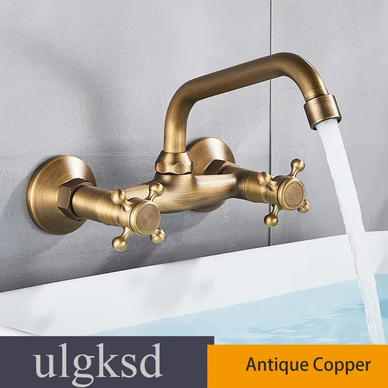 Chrome Wall Mounted Bathroom Kitchen Faucet Dual Handle Hot and Cold Water Tap Sink Mixer Tap 360 Swivel Long Spout Kitchen  