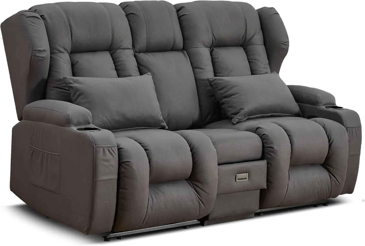 Loveseat Recliner Sofa - Flipped Backrest Console, Cup Holders, Side Pockets, Pillows, Drawers, Outlets