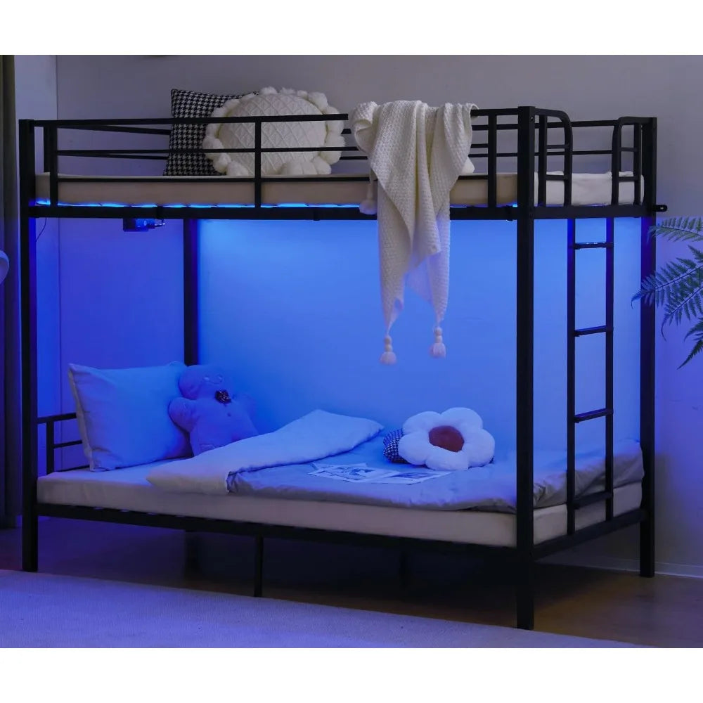 Metal Bunk Bed Frame Twin Over Twin with LED Lights, Non-Slip Ladder, Full Length Guardrail, Charging Station, for Kids, Teens
