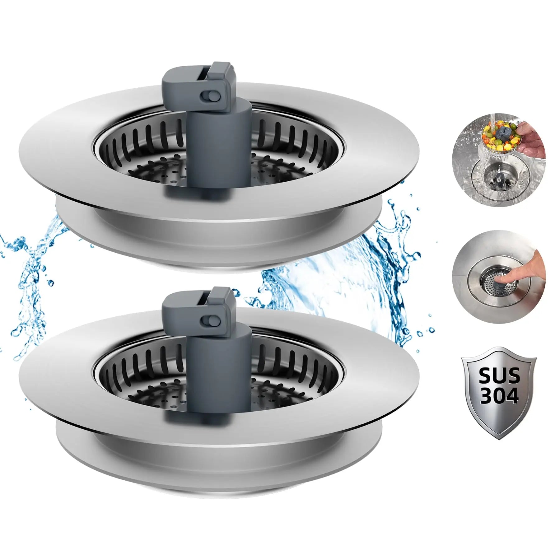 Hibbent Upgraded 3 in 1 Kitchen Sink Drain Strainer and Stopper Combo, Stainless Steel Metal Pop Up Sink Stopper,