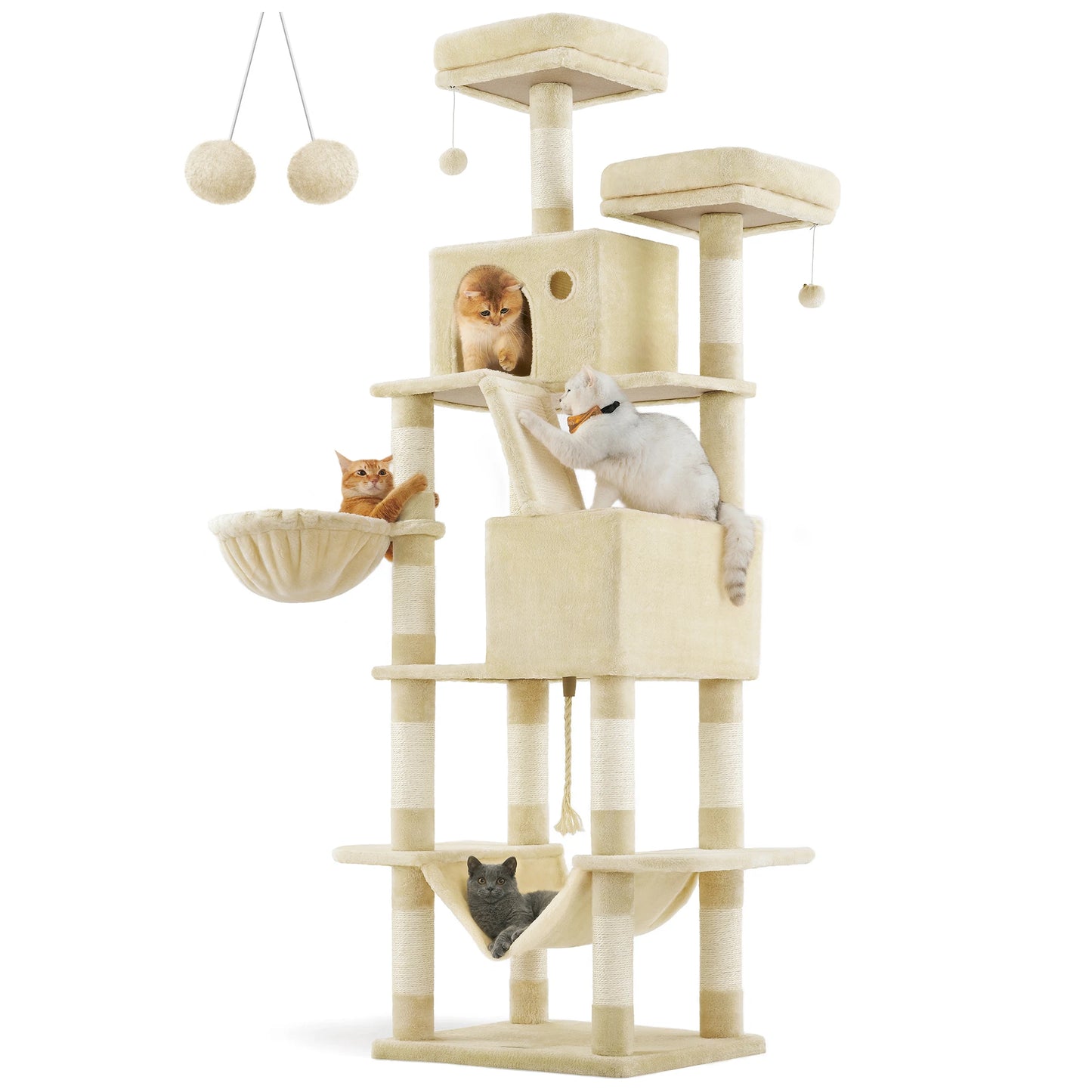 Feandrea scratching post Large, 206 cm High, XXL Cat Tree, with 13 Scratching Pillars, 2 Platforms, 2 Caves Basket hammock Plush balls