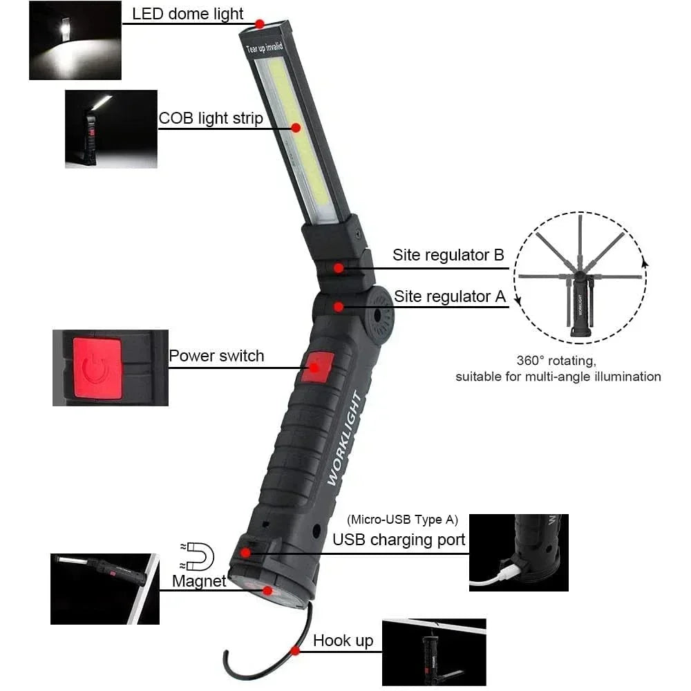 Multifunctional Folding Work Light Portable Camping Light Type-C Rechargeable Flashlight With Built-in Battery Magnetic Lamp
