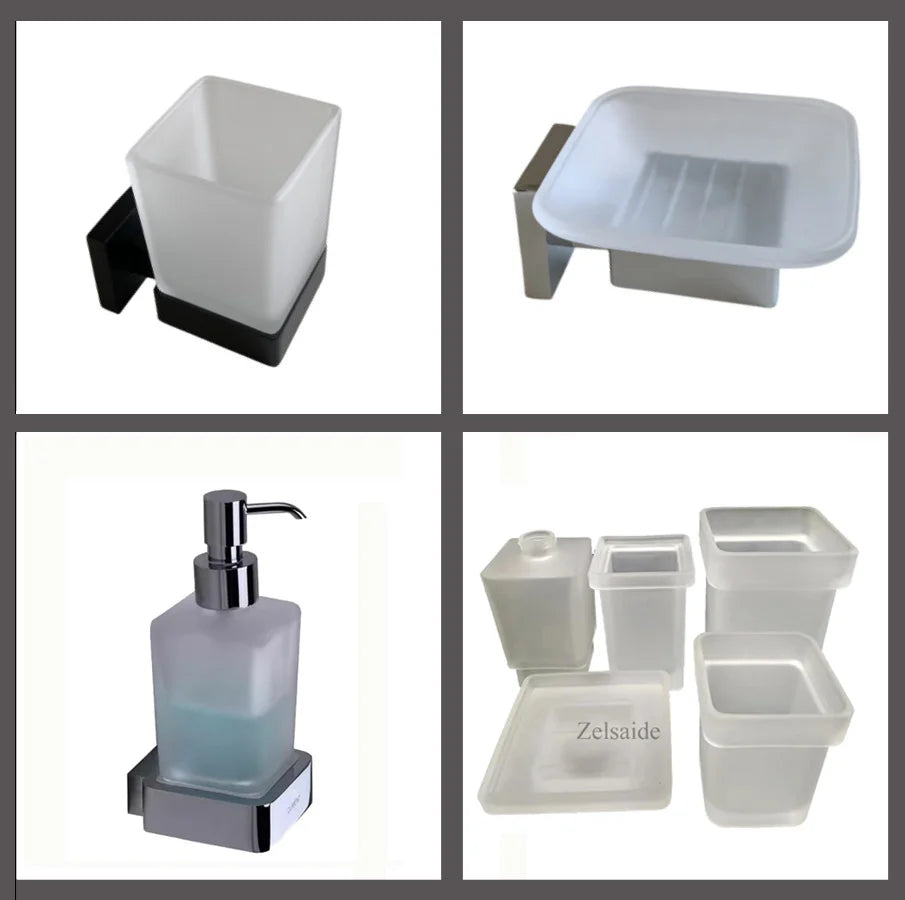 bathroom wall mounted square glass soap dish, liquid soap dispenser, toilet brush holder, toothbrush cup with SUS304 rack