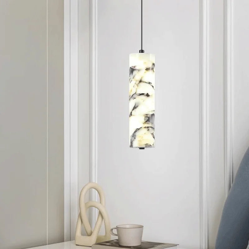 Luxury Black Cylinder Natural Stone Pendant Lamp High-end Bedside LED Chandelier Living room Decoration Home Hanging Lights