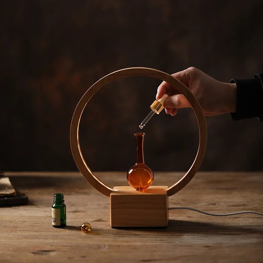 Essential Oil Diffuser With Wood Base & Glass Nebulizing Aroma Diffuser With Warm LED Light For Home Office Room Fragrance