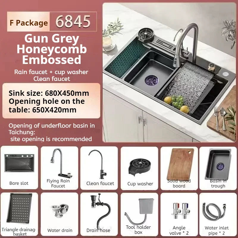 Nano Stainless Steel Kitchen Sink Matte Square Kitchen Accessories High-Quality Large Single Bowl Wash Basin Kitchen Faucets