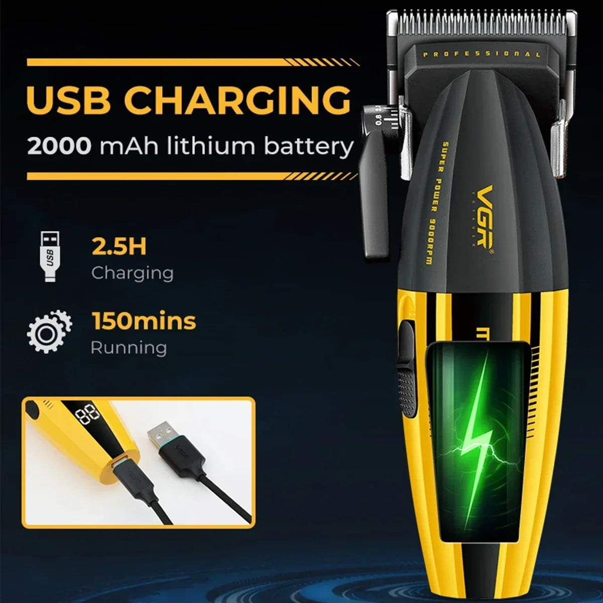 Professional Hair Clipper Barber Cordless Clippers Metal Body 9000 RPM Hair Clipper for Men Hair Cutting Machine VGR V-285