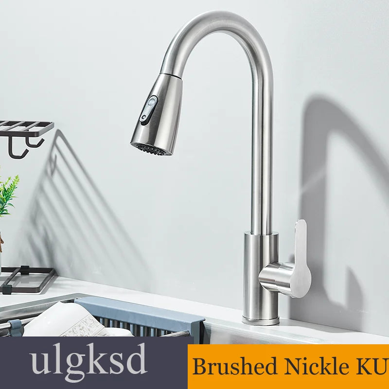 Chrome Home Kitchen Sink Pull-Out Tap Single Handle Cold and Hot Single Handle Deck 360 ° Optional Crane 2 Function Spray Faucet