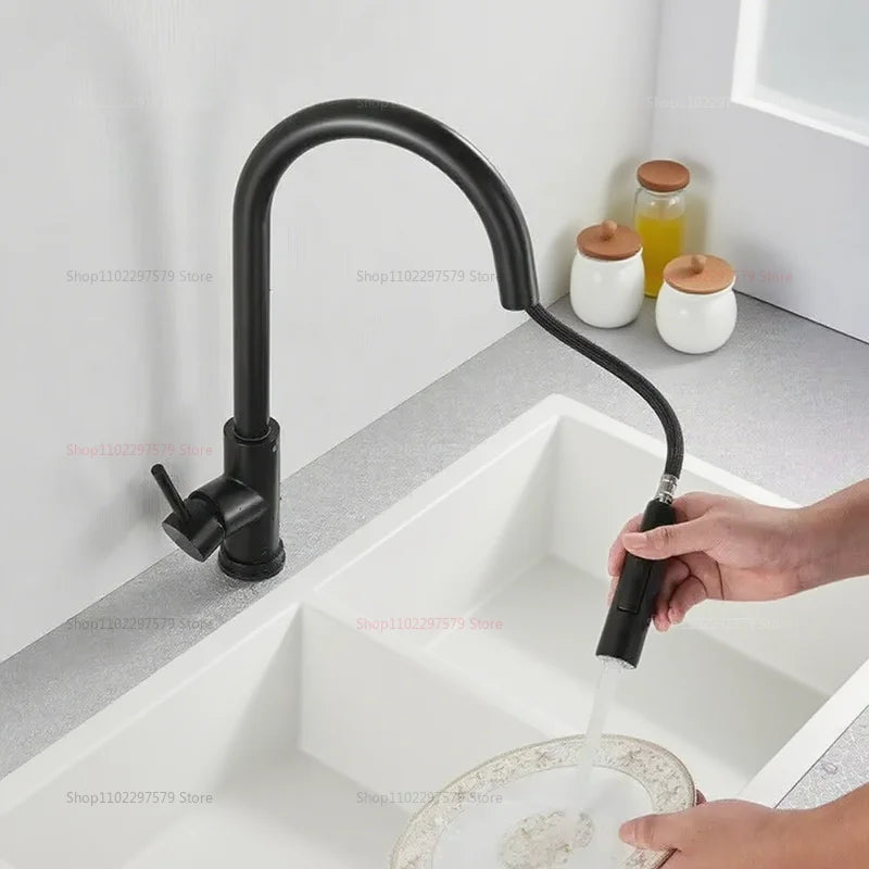 Upgraded Black Silver Pull Out Kitchen Faucet Dual Mode Telescopic Rotary Stainless Steel Hot Cold Water Faucet for Kitchen