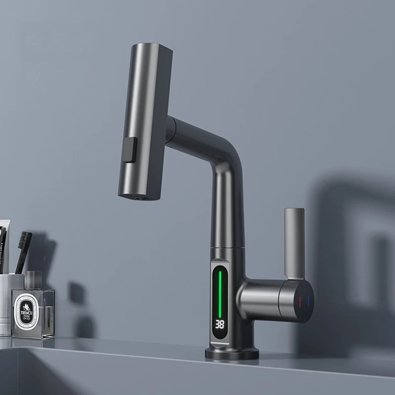 OXG Brass Kitchen Faucet Rotatable Gourmet Faucet Kitchen Digital Display,Three Spray Modes Pull Out Kitchen Sink Faucet