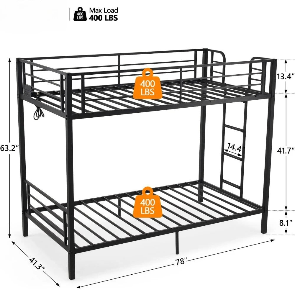 Metal Bunk Bed Frame Twin Over Twin with LED Lights, Non-Slip Ladder, Full Length Guardrail, Charging Station, for Kids, Teens