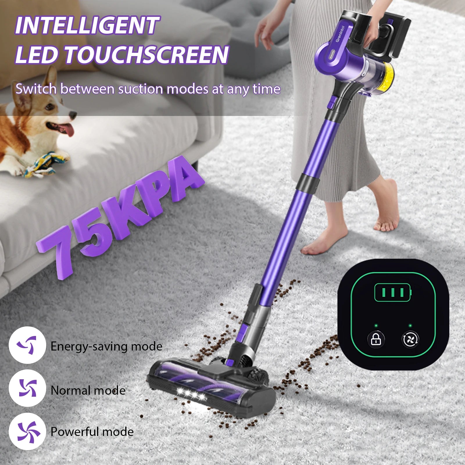 Grenintol 500W 75KPA Suction Power Cordless Vacuum Cleaner Handheld smart Home appliance Removable Battery Dust Cup
