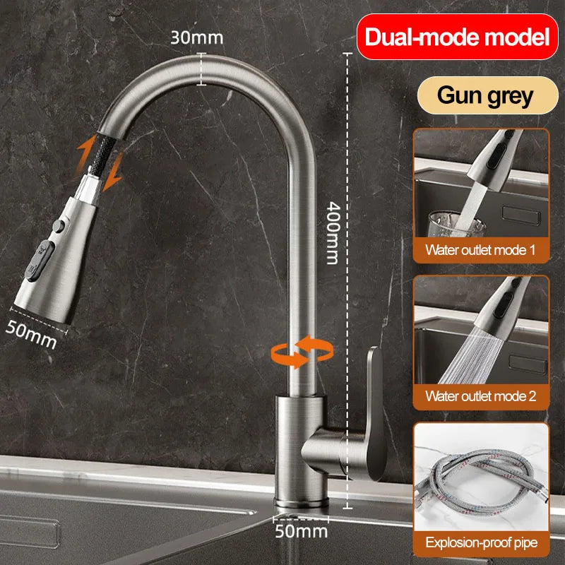 Stainless steel kitchen pull-out faucet, hot and cold household splash-proof sink, retractable sink, vegetable washing basin fau