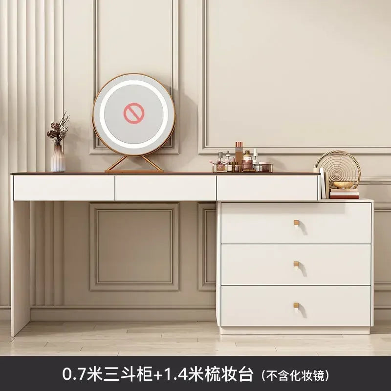Modern Vanity Desk with LED Lighted Mirror, Luxury Corner Makeup Vanity Table 6 Drawers and Large Storage Dressing Table Shelves
