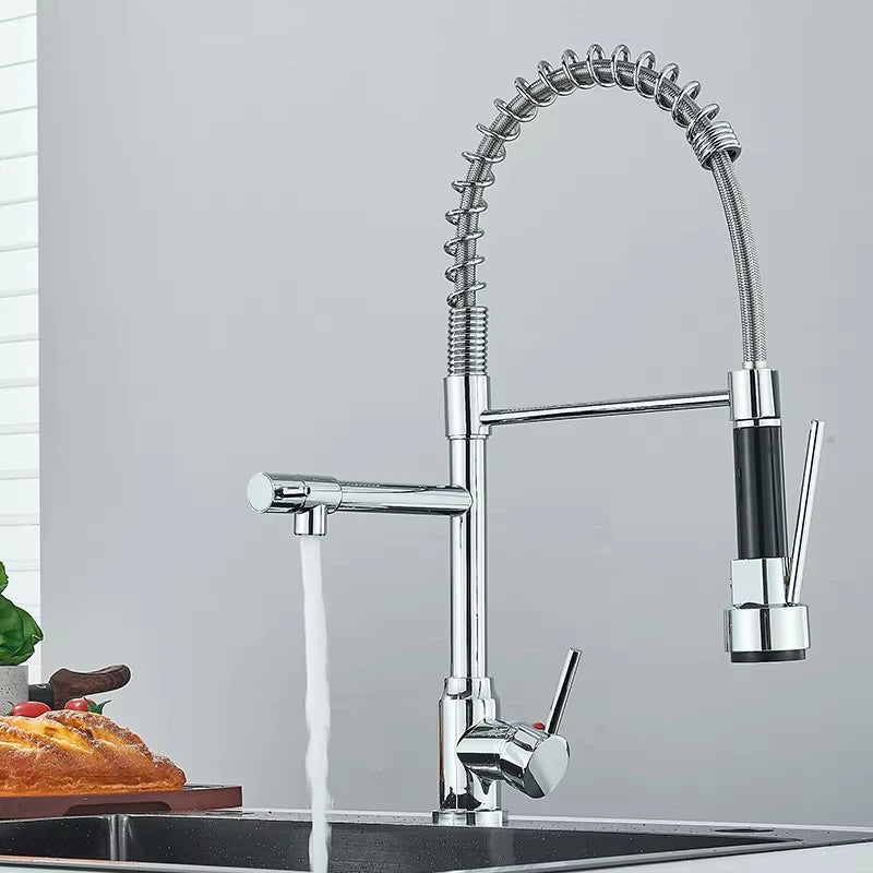 Black/Silver Kitchen Faucet with Pull-Down Sprayer, Deck Mount Hot and Cold Water Mixer Faucet, Dual Spout Faucet, Crane