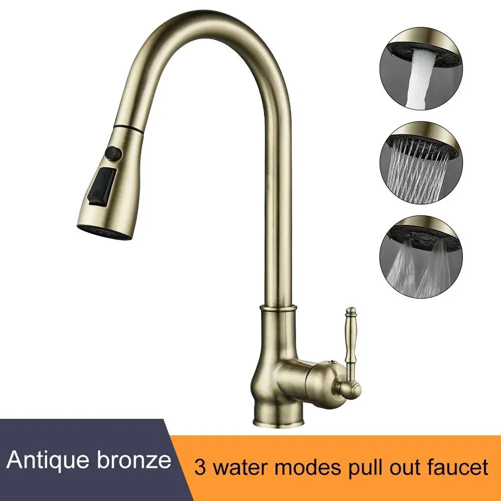 Kitchen Faucets Pull Out Antique Bronze Kitchen Sink Water Mixer Tap Crane Faucet Hot Cold with Sprayer EL9021