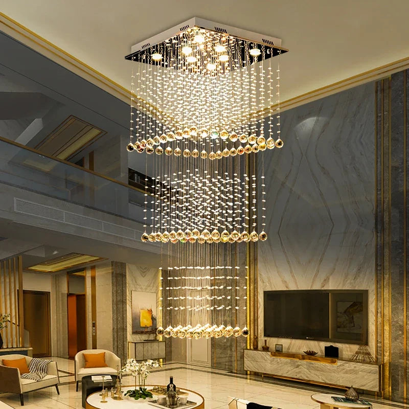 Duplex Living Room Pendant Chandelier Square Stair Hanging Lamp Hotel Villa Project Light Modern Luxury Crystal Long Chandelier