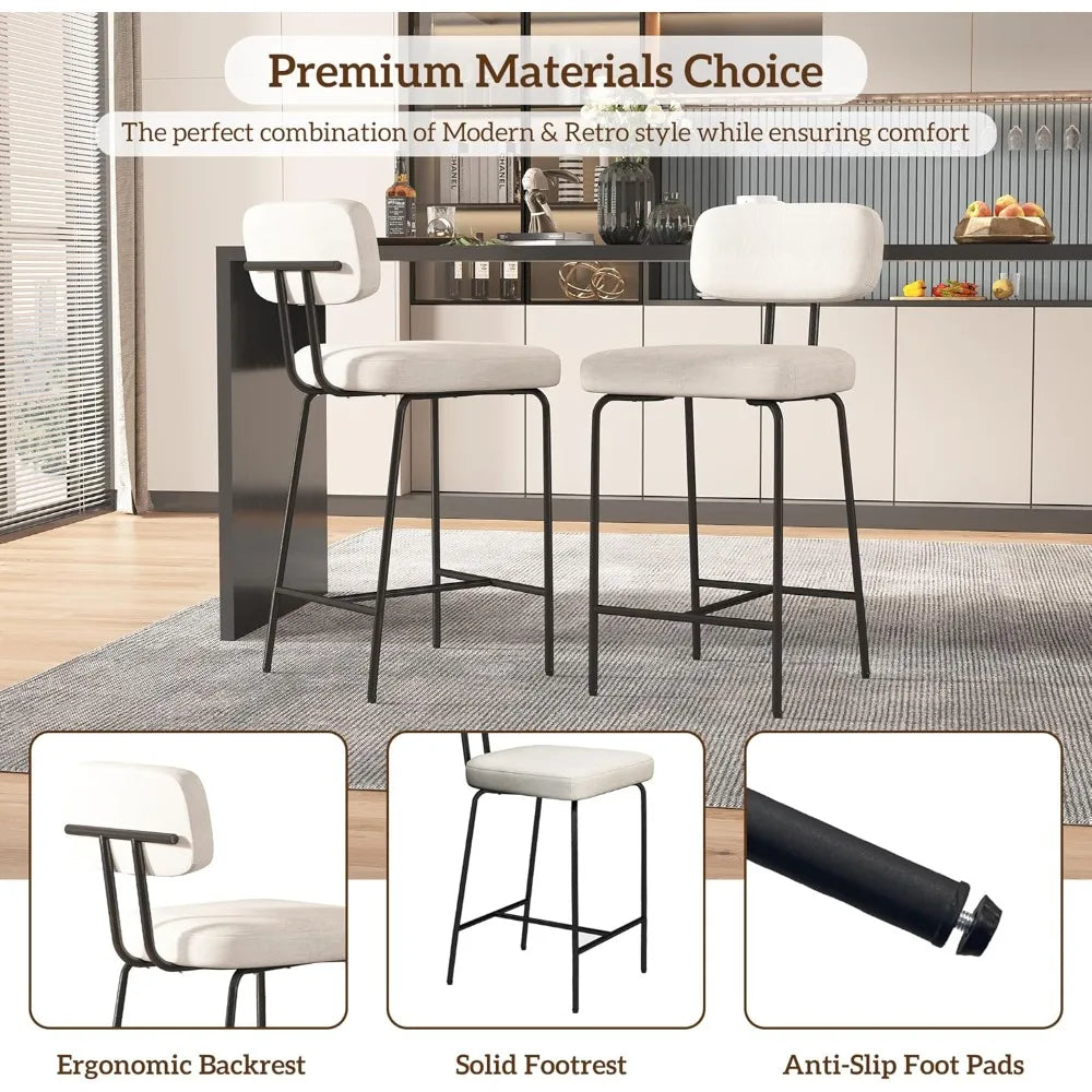 26" counter height bar stools (Set of 2) - White Fabric with Backs, Wide Seat, Metal Legs & Footrest | Kitchen Bar Use
