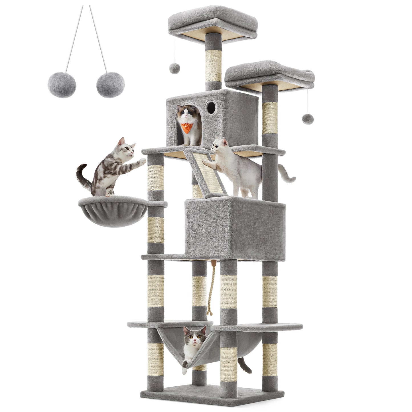 Feandrea scratching post Large, 206 cm High, XXL Cat Tree, with 13 Scratching Pillars, 2 Platforms, 2 Caves Basket hammock Plush balls