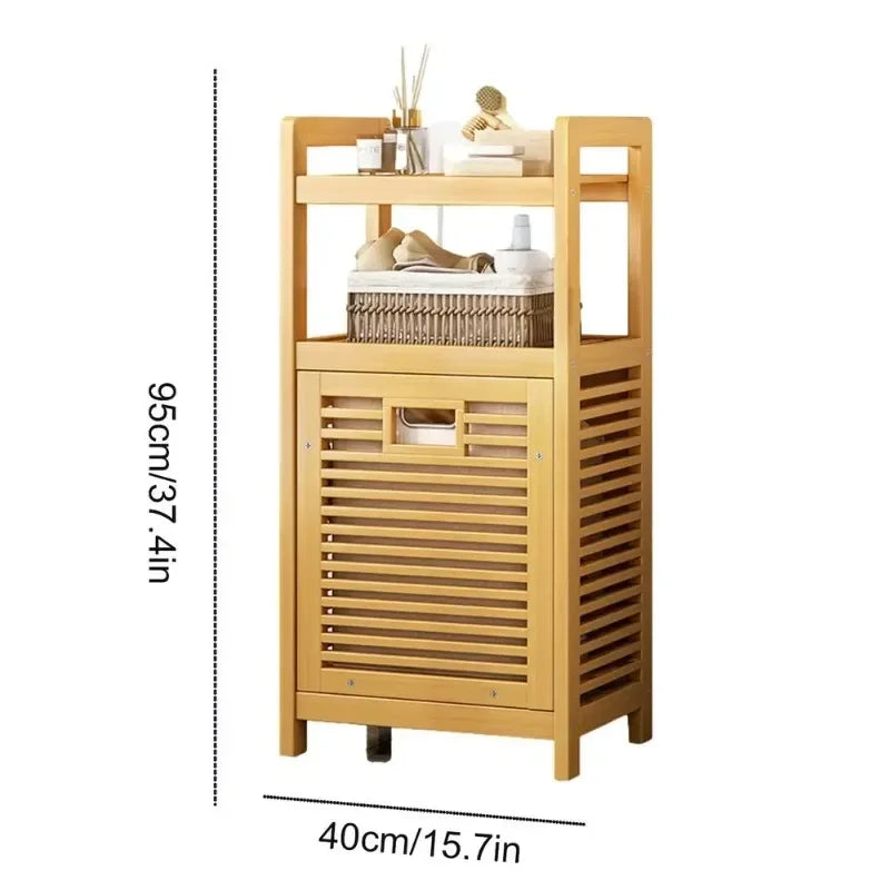 Laundry Hamper with Shelf With Tilt Out Basket 3/4 Tier Wooden Storage Hamper Bathroom Rack Multi-function Bamboo Laundry Basket