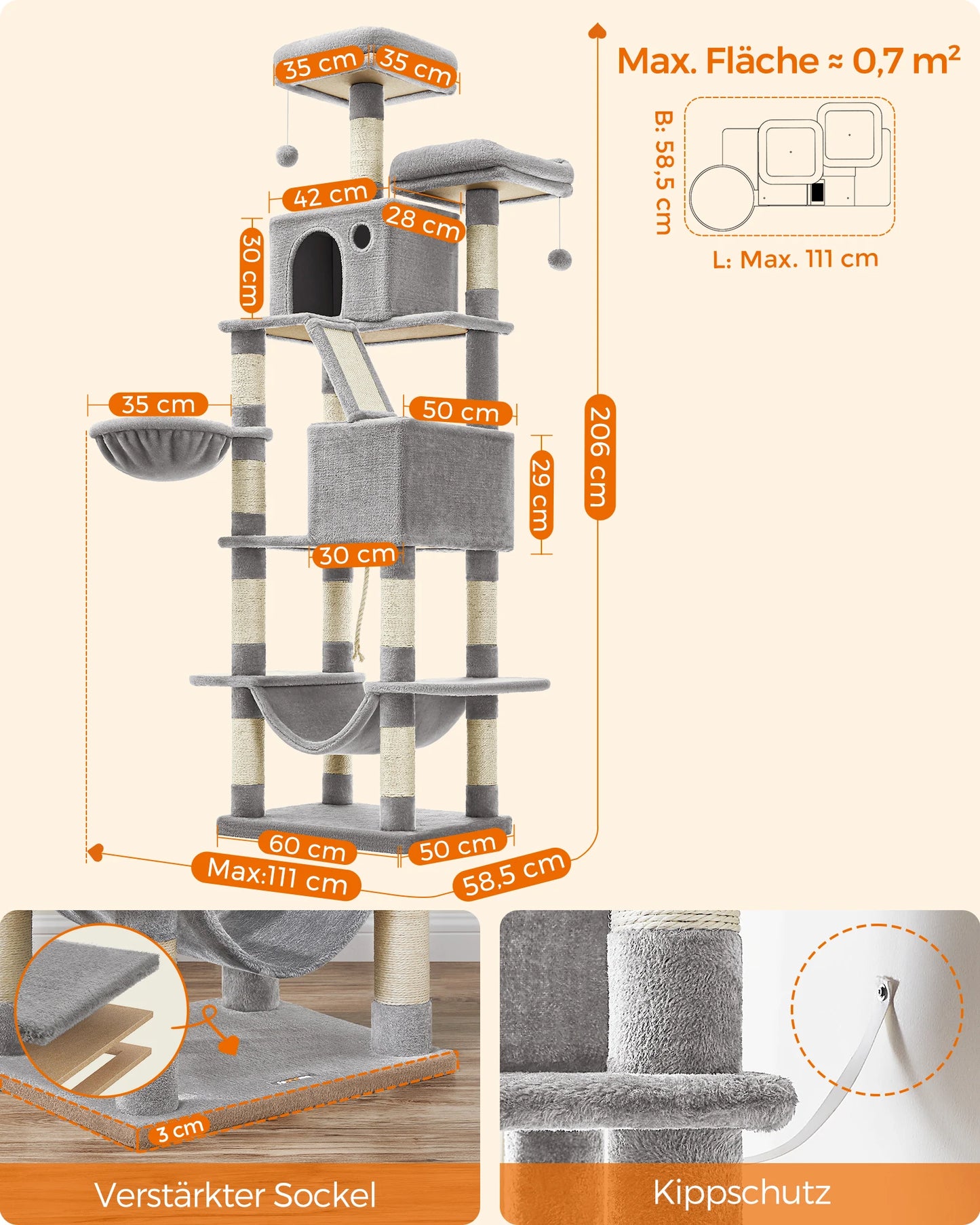 Feandrea scratching post Large, 206 cm High, XXL Cat Tree, with 13 Scratching Pillars, 2 Platforms, 2 Caves Basket hammock Plush balls
