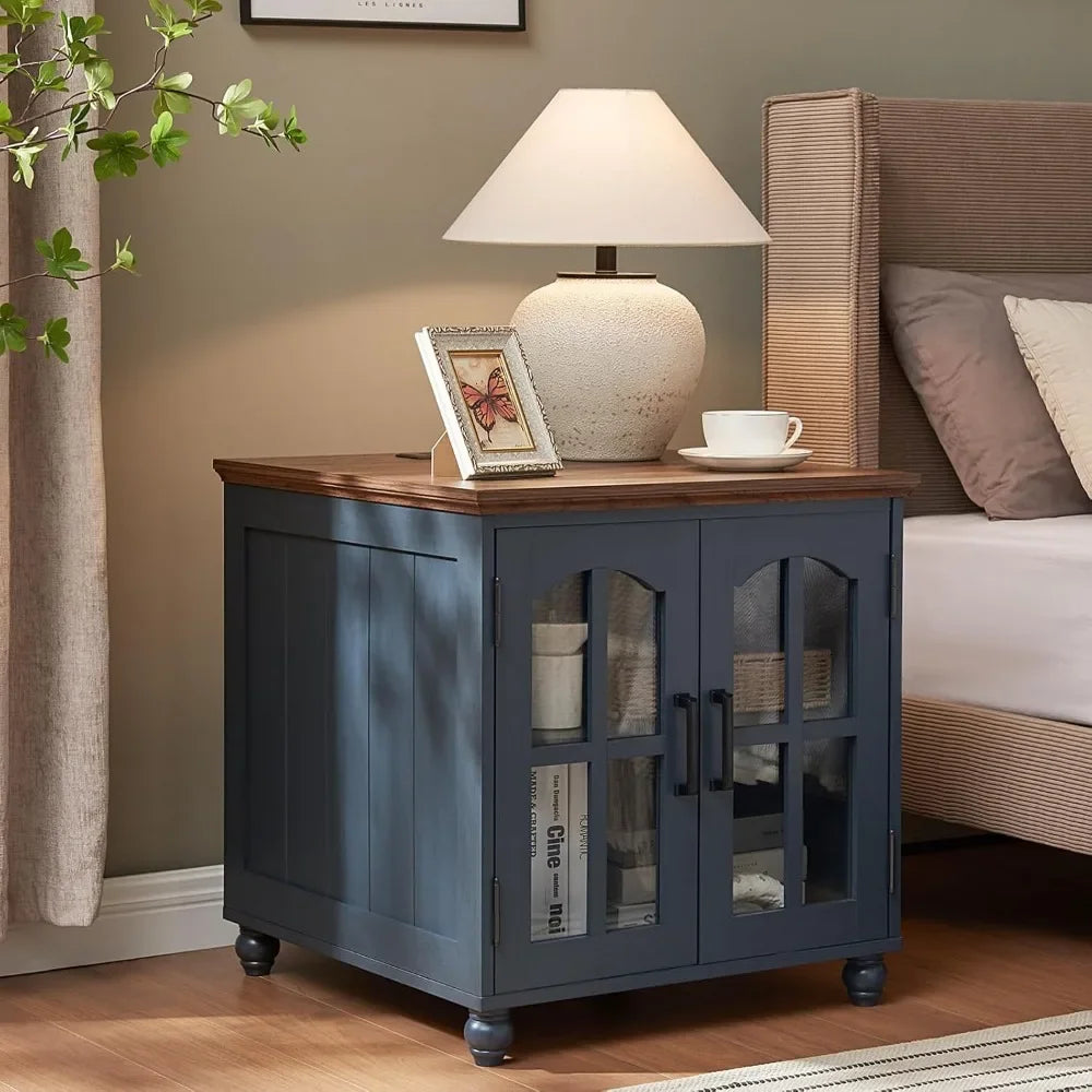 Farmhouse End Table with Charging Station,24" Large Sofa Side Table with Glass Barn Door,Rustic Wood Night Stand with Adjustable