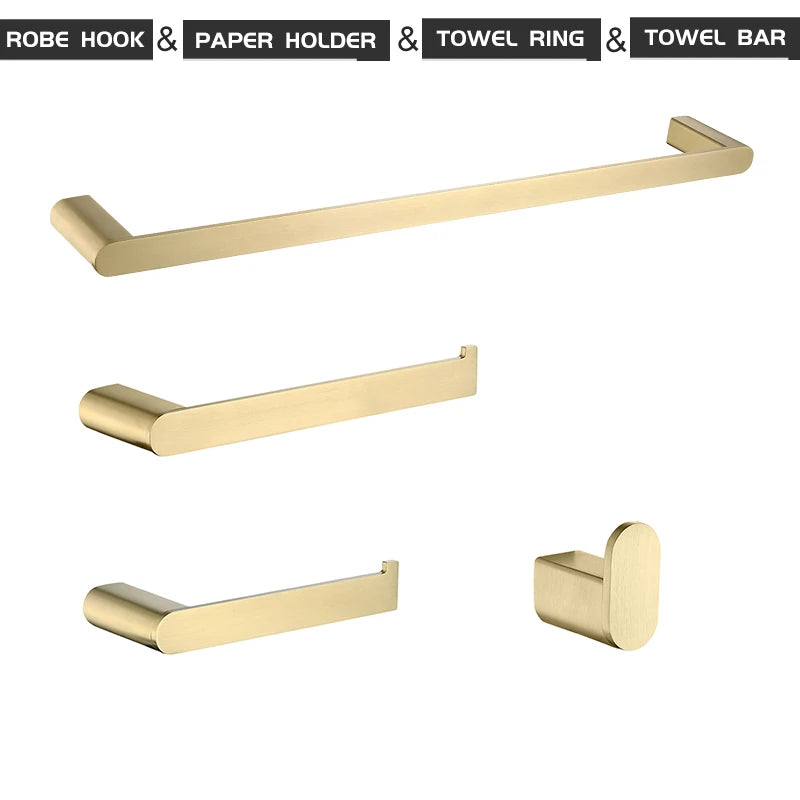 Bathroom Accessories Hardware Set Brushed Gold Robe Hook Towel Rail Bar Rack Toilet Brush Tissue Paper Holder Soap Dish Shelf