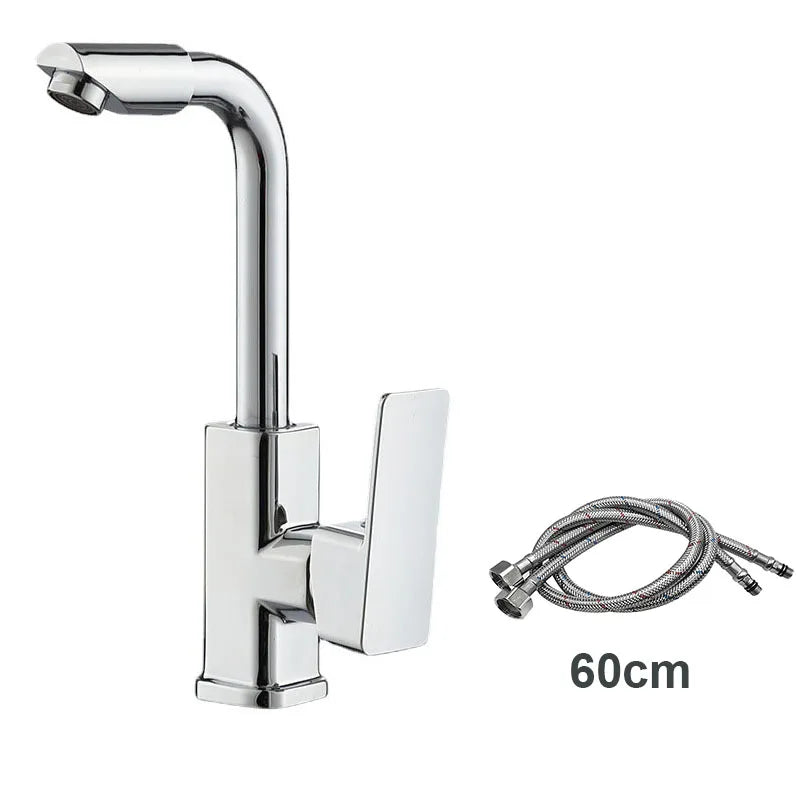 360° Rotating Basin Faucet, Copper Alloy Cold/Hot Water Tap with Aerator, Ceramic Cartridge, Silver