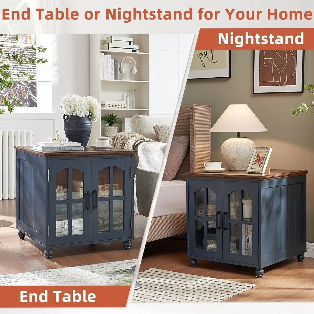 Farmhouse End Table with Charging Station,24" Large Sofa Side Table with Glass Barn Door,Rustic Wood Night Stand with Adjustable
