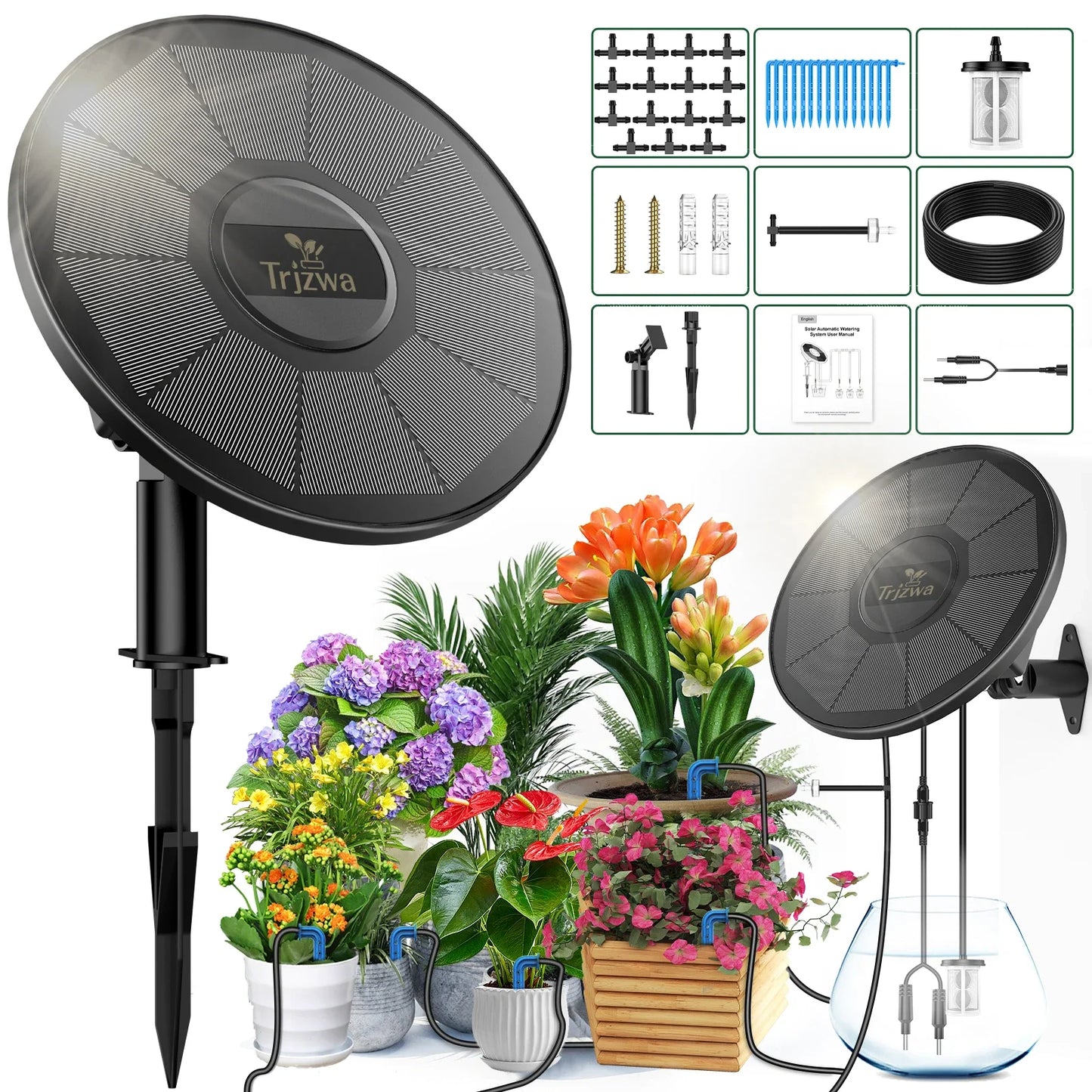 Solar drip irrigation kit, automatic watering system with timer mode, suitable for potted plants, balconies, courtyards