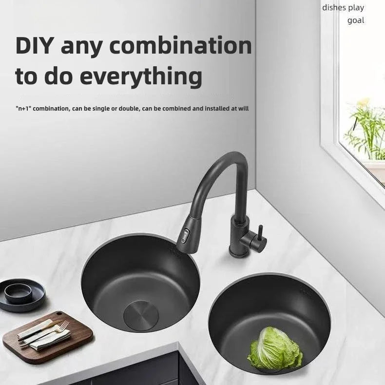 Black Round Bar Sink Nano Stainless Steel Single Basin Small Kitchen Dishwashing and Vegetable Washing Sink kitchen sink cocina