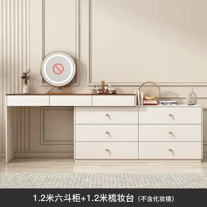 Modern Vanity Desk with LED Lighted Mirror, Luxury Corner Makeup Vanity Table 6 Drawers and Large Storage Dressing Table Shelves