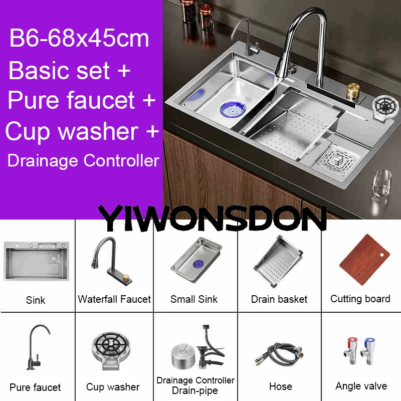 Multifunction Brushed Nano Kitchen Sink Waterfall Faucet Large Single Bowl Cup Washer Pure Tap Soap Dispenser Stainless Steel