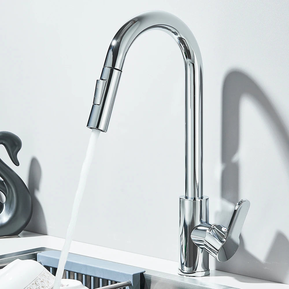 Pull Out Kitchen Faucet 360 Rotate Shower/Stream Sprayer Head Mixer Hot and Cold Water Tap Deck Mounted